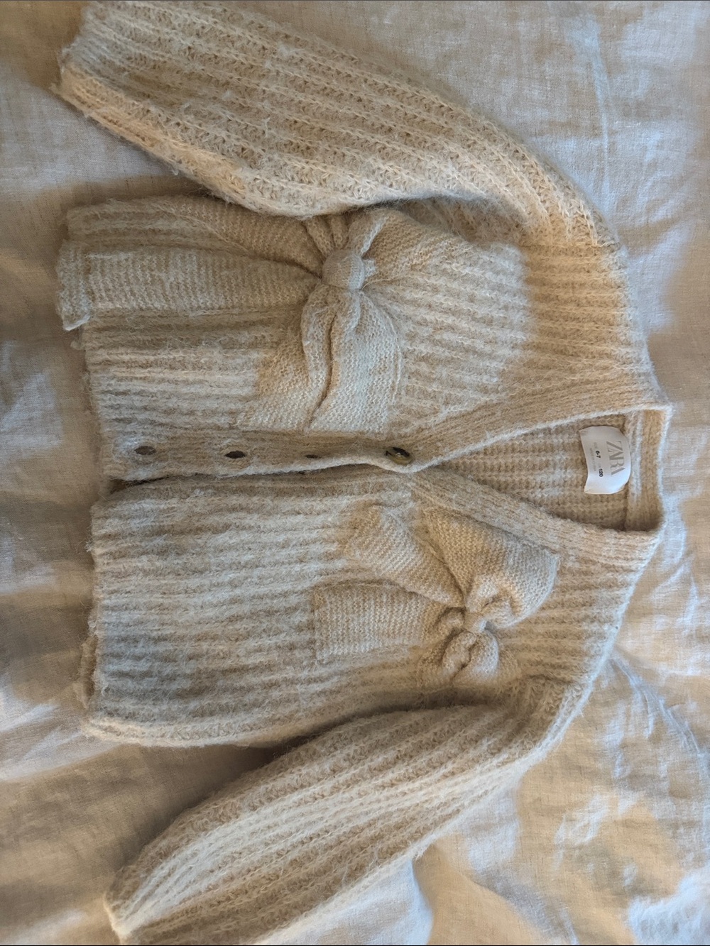 Zara Beige Bow-Front Ribbed Knit Cardigan